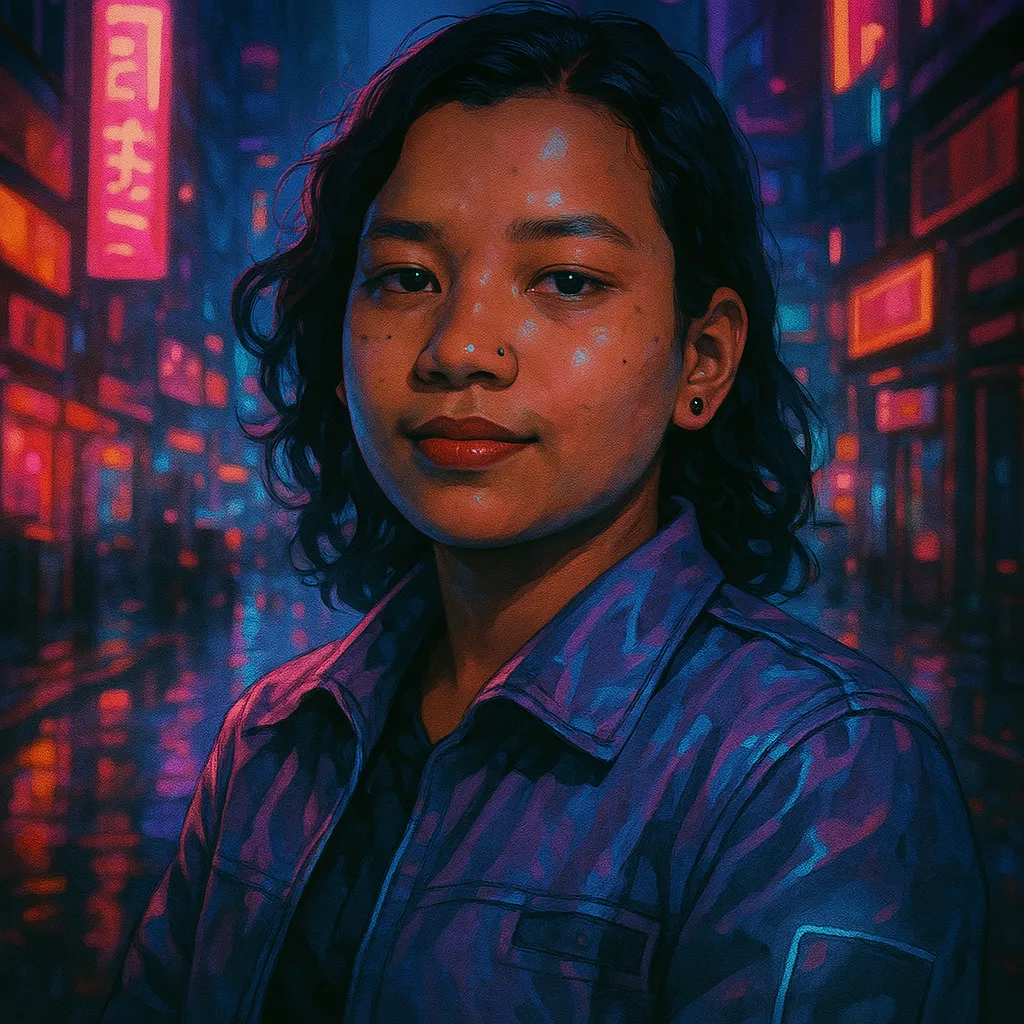 Recreated from the original by Dariana Medina for AI Art Generator style cyberpunk.